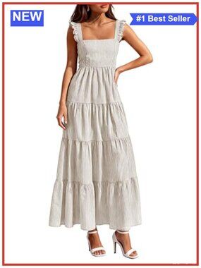 Sleeveless Fit & Flare Maxi Dress with Pockets Smocked Back Tiered Ruffle Boho